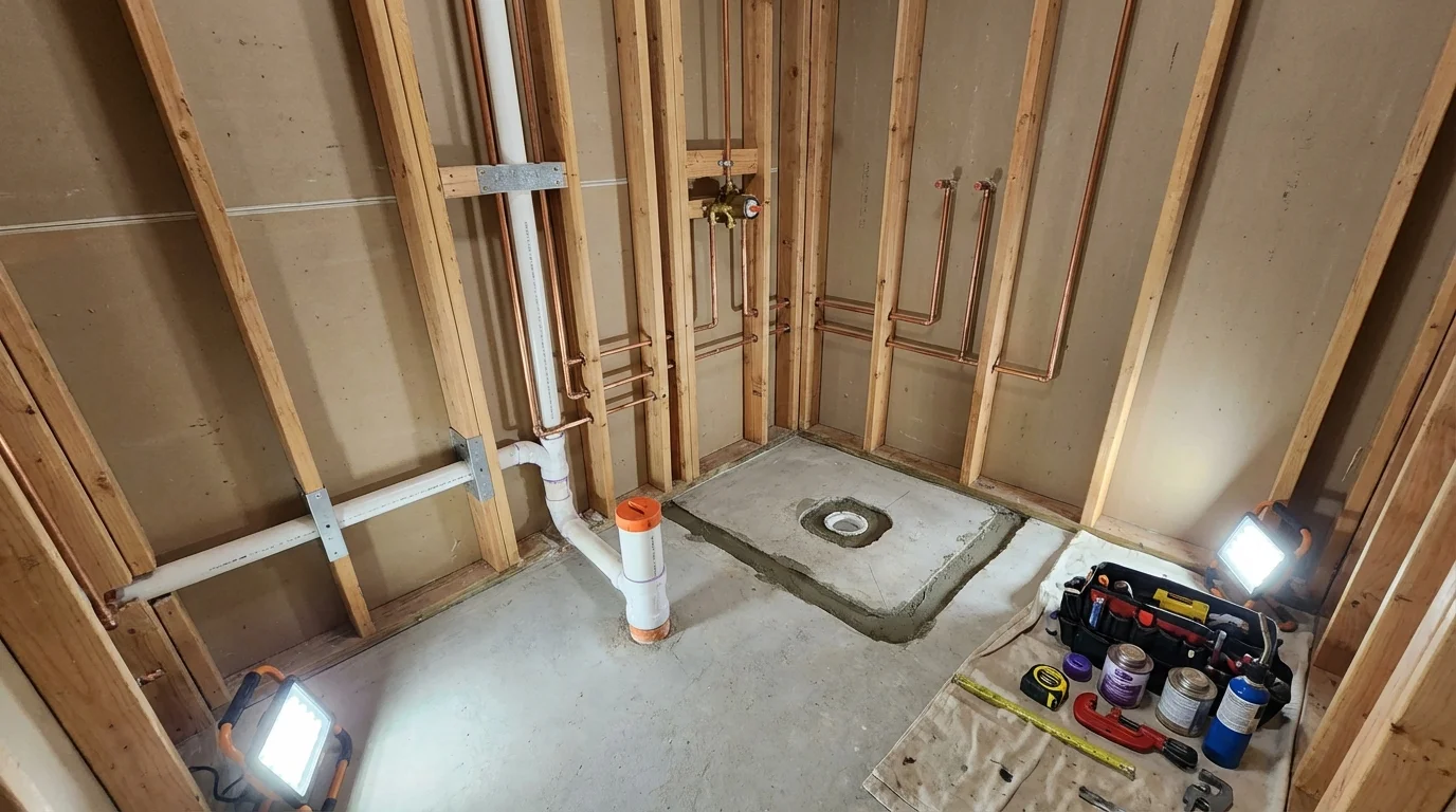 Bathroom rough-in plumbing during remodel by Johns Plumbing LLC in Far Rockaway
