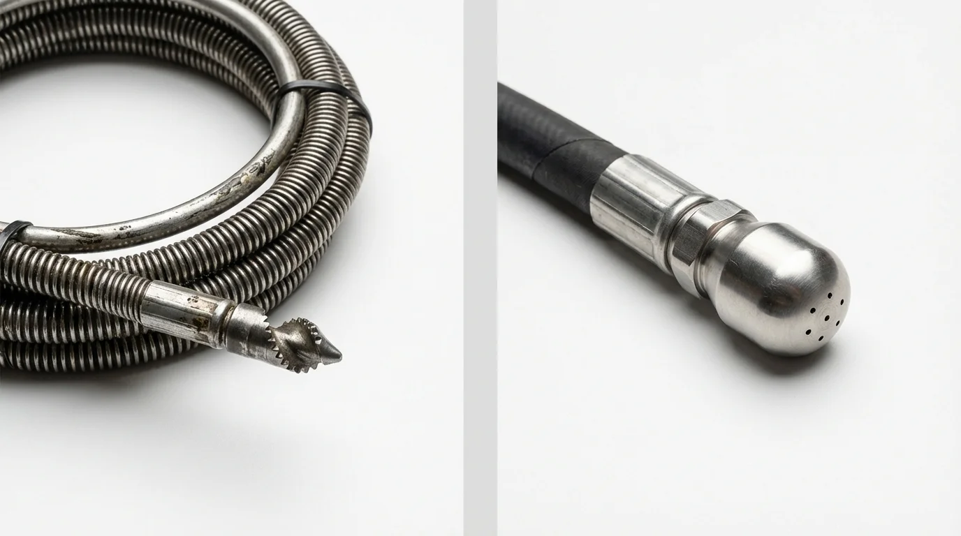 Drain snake cable and hydro jetting nozzle used for drain cleaning in Far Rockaway, NY