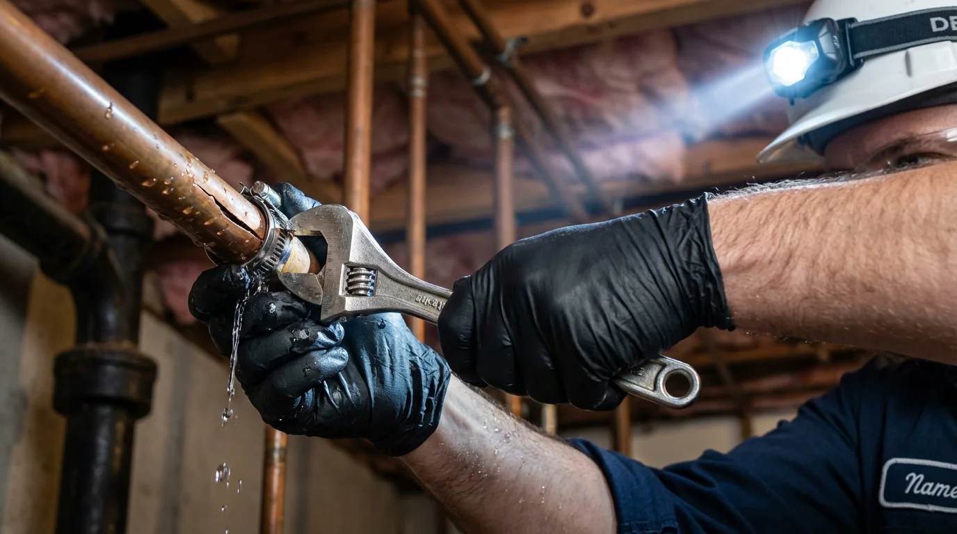 Emergency pipe clamp repair being performed by a Johns Plumbing LLC plumber in Far Rockaway