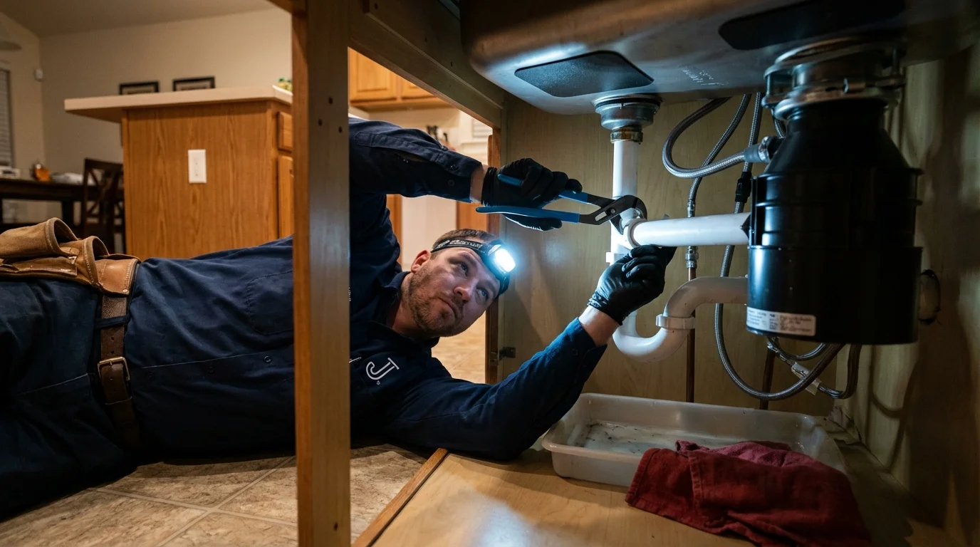 P-trap and supply line connections under a kitchen sink showing a common leak point in Far Rockaway, NY